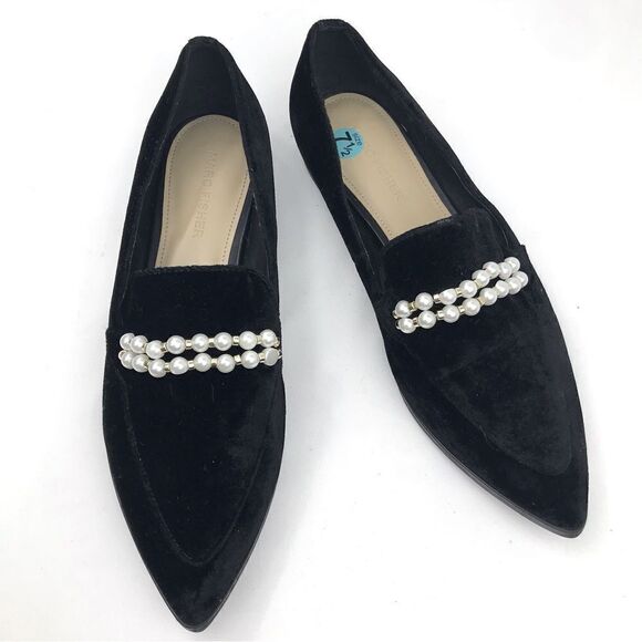 Marc Fisher Black Velvety Kneel Pearl Embellished Pointed Toe Slip On Loafer - Picture 6 of 16